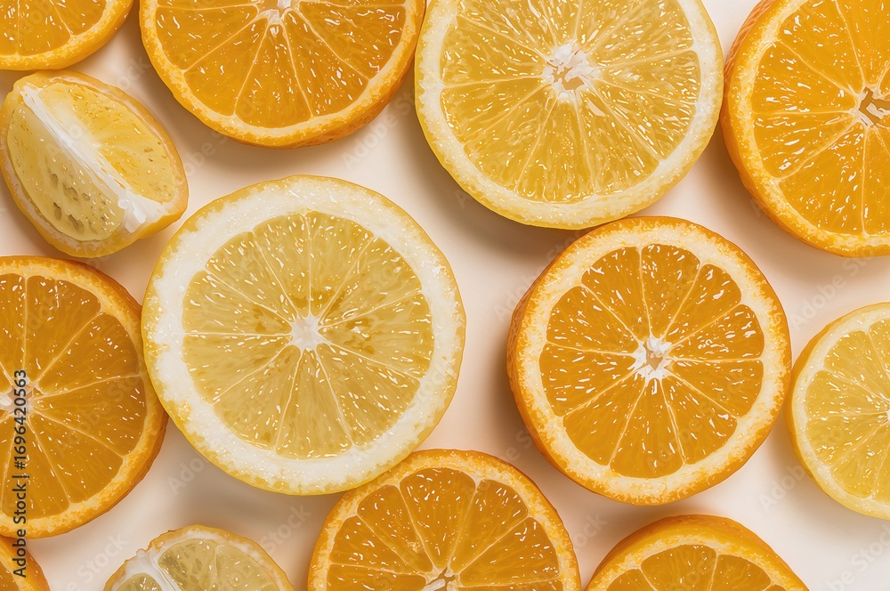 Obraz premium Top view of citrus fruit halves including orange and lemon on a white surface. Arrangement of fresh, juicy fruits symbolizing health, nutrition, and organic lifestyle. Isolated with high contrast