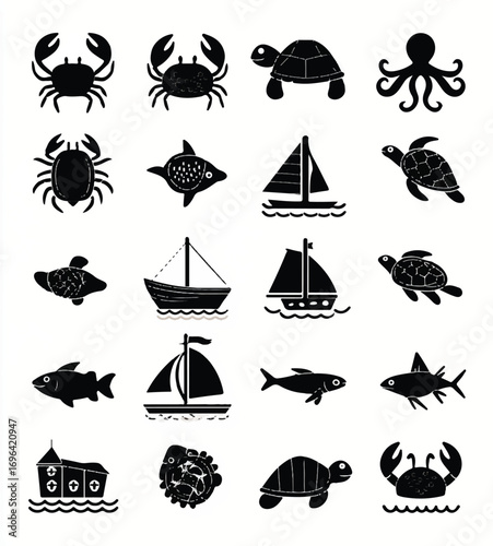 Set of black and white nautical elements with sea animals and boats in different shapes and sizes