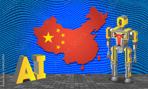 Vector technology toon poster. Chinese map in national flag colors. Blue digital waves. Cartoon 3D humanoid robot and AI abbreviation. Artificial intelligence. Peoples Republic of China