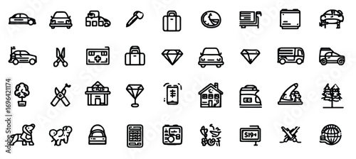Set of different line icons of transportation tourism business objects and signs minimalist outline design