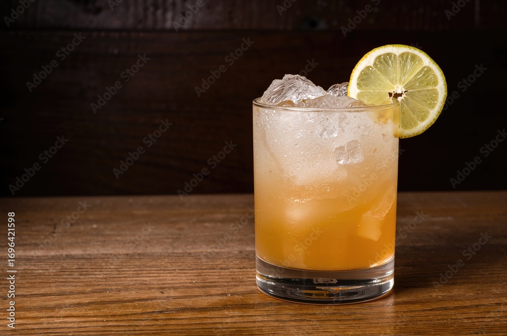 Fototapeta premium Beverage garnished with lemon on a rustic wooden surface. Dining setting. Space for text.