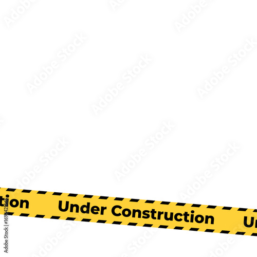 Under construction yellow warning tape safety stripe. Caution barrier stripe for safety zone, blocked area, website page, road work, site maintenance, redesign progress. Vector illustration.