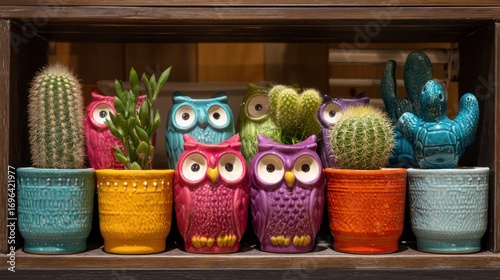 Bright and colorful ceramic animal pots shaped like owls and turtles, holding cactus plants in a fun indoor garden