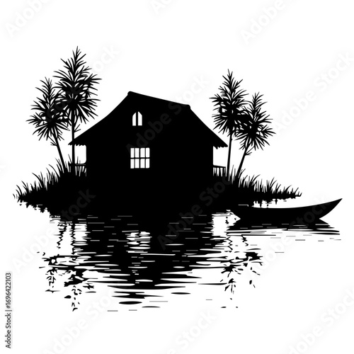 silhouette of a house on the water, sea, beach, water, ocean, sky, maldives, island, holiday, hotel, tropical, sunset, nature, resort, travel, landscape, vacation, house, palm, bungalow, paradise, lag