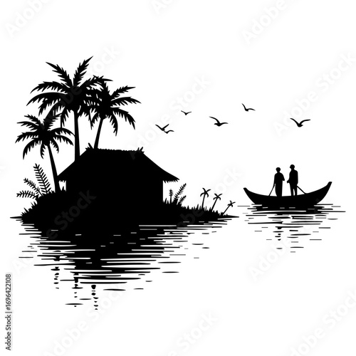 silhouette of a house on the water, sea, beach, water, ocean, sky, maldives, island, holiday, hotel, tropical, sunset, nature, resort, travel, landscape, vacation, house, palm, bungalow, paradise, lag