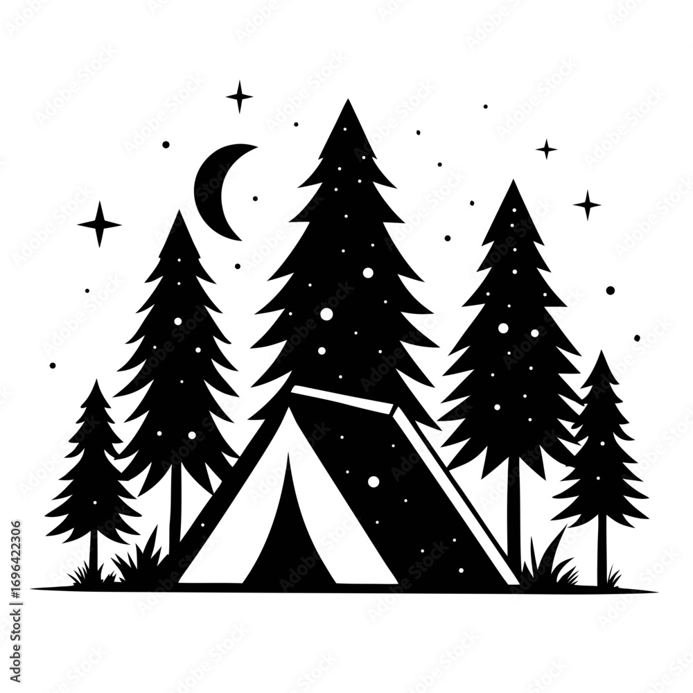 Obraz premium Tent under Stars Silhouette Vector