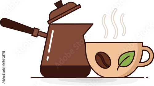 Warm, steaming cup of coffee next to a traditional cezve, inviting morning comfort.