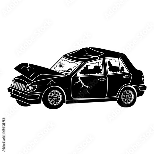 Isolated vector icon of a wrecked car in black silhouette, deformed and cracked, on white background