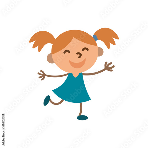 Dancing girl cartoon vector. Smiling girl twirling happily in blue dress, joyful children illustration.