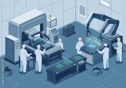 Automated Microchip Production Line with Robotic Arms and Technicians