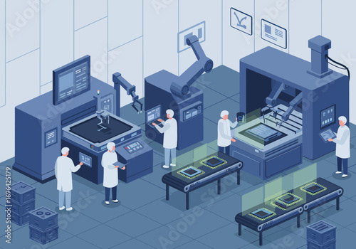 Automated manufacturing plant with robots and workers on the factory floor