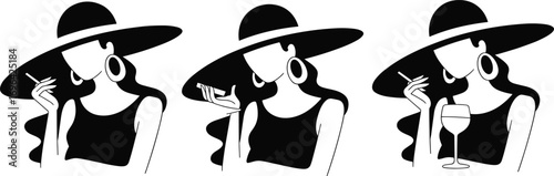 Elegant woman in wide brim hat, holding cigarette, mirror, wine glass, minimalist fashion illustration, black white vector art, stylish pose