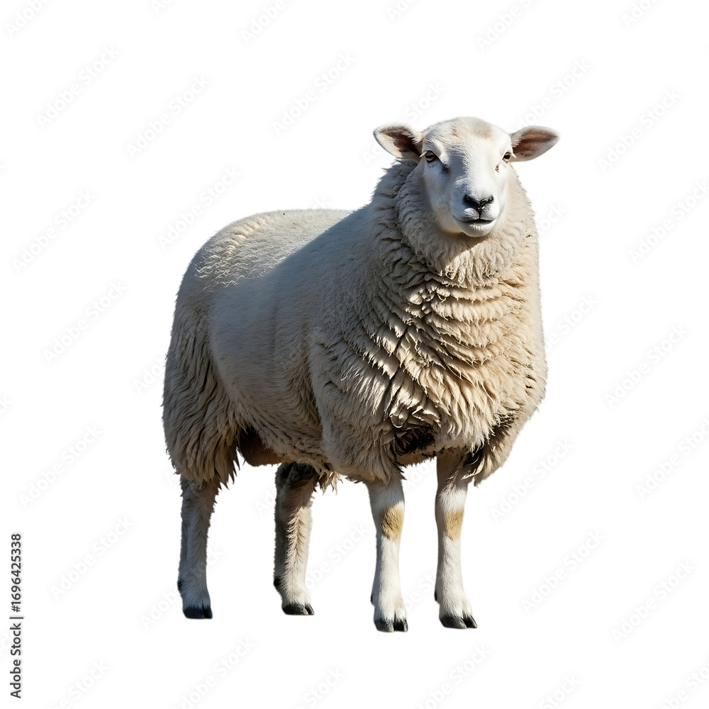 Fototapeta premium Full body shot of a sheep standing isolated on transparent background in studio