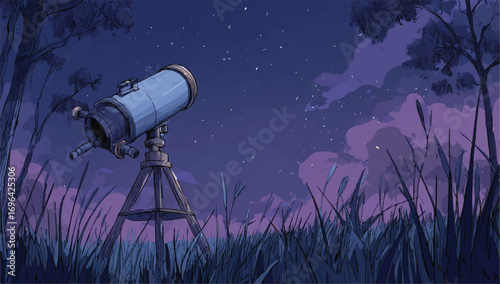 Telescope Under the Starry Night Sky Illustration of Astronomical Exploration and Scientific Observation in Nature