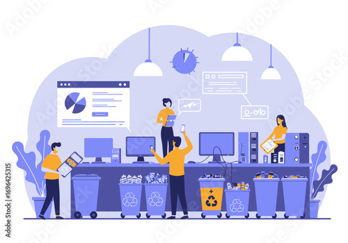 Corporate Environmental Responsibility Flat Illustration of Office Employees Actively Participating in Waste Recycling and Sustainable Practices for a Greener Workplace