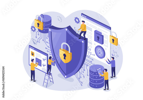 Team safeguarding digital data with a large protective shield and advanced technology.