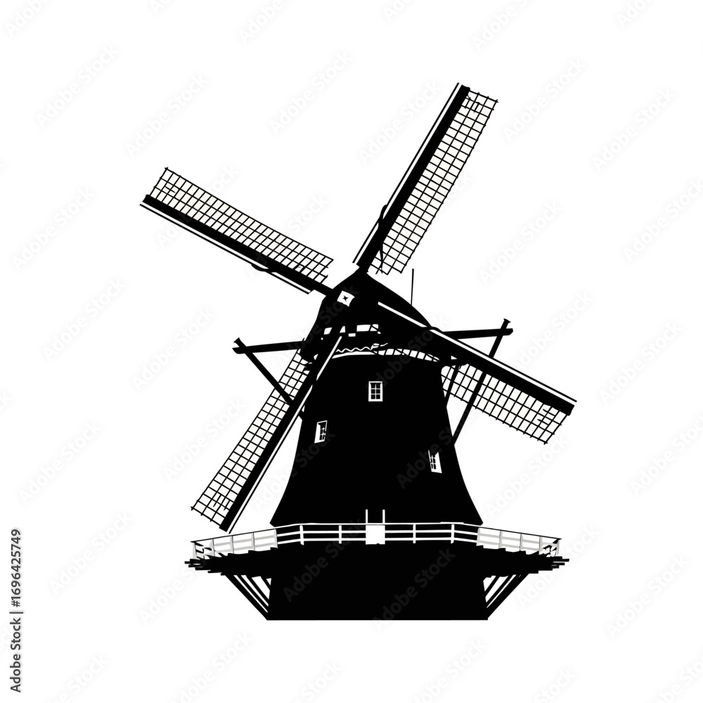 Fototapeta premium Classic Dutch windmill silhouette against a clean white backdrop, perfect for travel, tourism, or historical themed design projects
