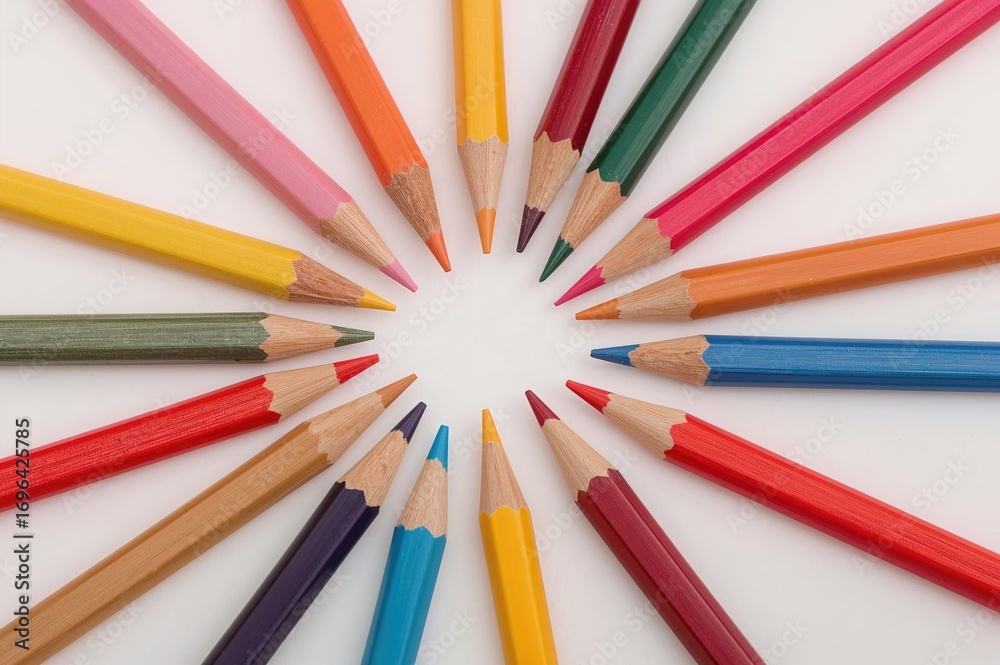 Fototapeta premium Colored pencils on a plain white surface, close-up view with space for text.