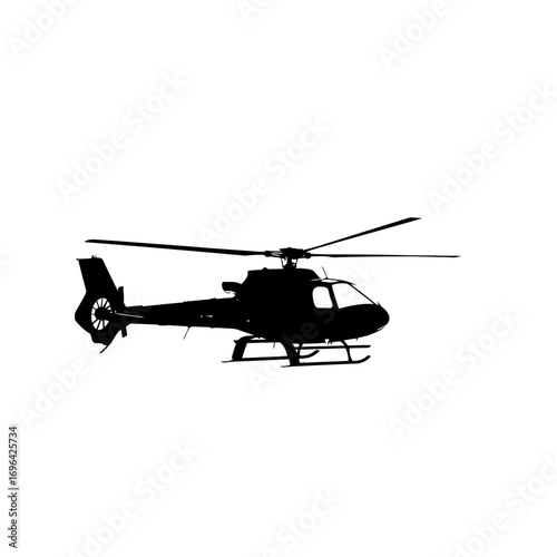 Dynamic helicopter silhouette soaring against a clean white backdrop, perfect for transportation, travel, and aviation concepts