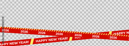 2026 New Year Tape Banner Vector, Red Diagonal Ribbons with Stripes Isolated on Transparent Background. Perfect for new year promotions, party banners, packaging. Isolated vector illustration