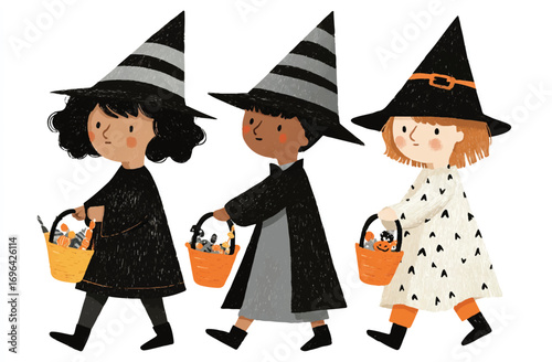 Three Young Witches Trick or Treating with Halloween Candy in Baskets on a Spooky Night