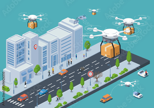Future of Urban Delivery Autonomous Drones and Self-Driving Cars Revolutionize Logistics in a Modern Cityscape