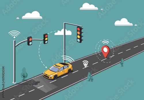 Intelligent autonomous vehicle communicating with smart traffic infrastructure and GPS for efficient navigation and advanced driver assistance systems on a modern city road