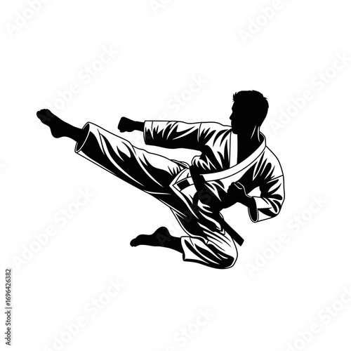 Dynamic martial artist executing a powerful flying kick, embodying strength, discipline, and focus, perfect for fitness, sports, and training visuals
