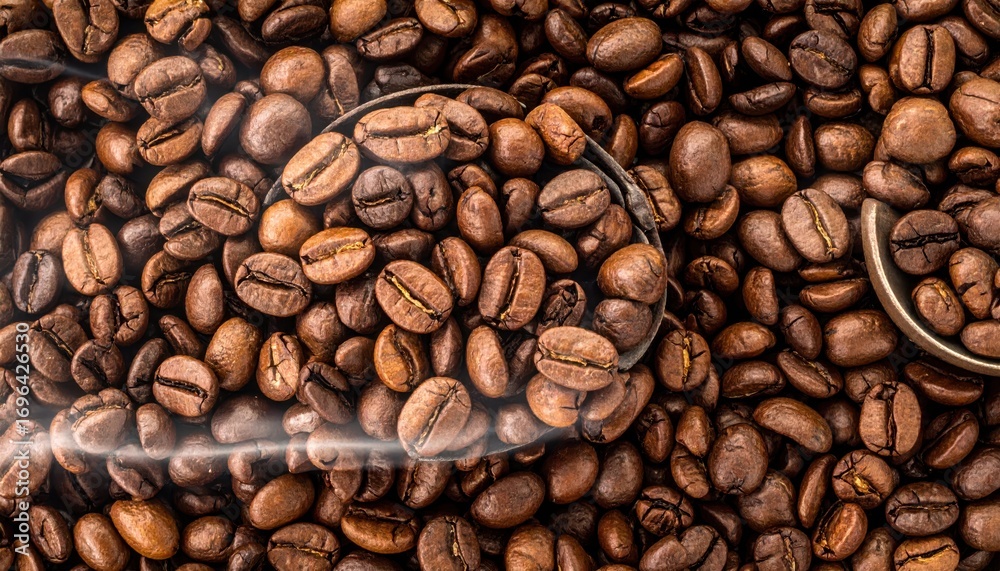 Obraz premium Close-up of Roasted Coffee Beans with Magnifying Glasses on Top