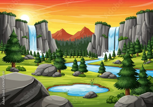 Vector art of majestic mountain landscape with multiple waterfalls cascading down cliffs into a lush green valley with pine trees and a river