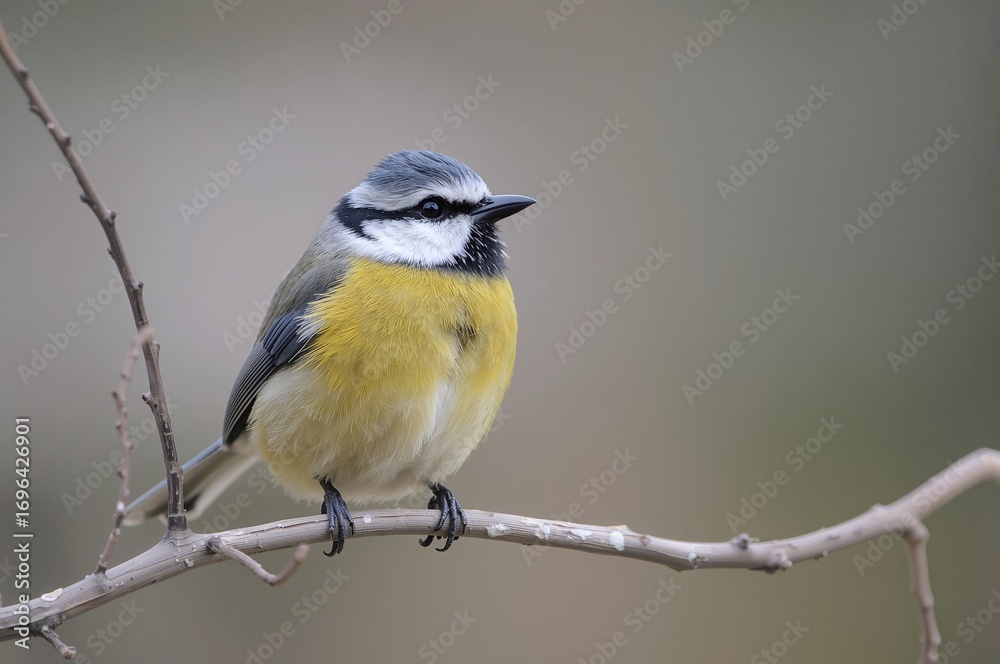 Naklejka premium Blue Tit from the Paridae family perched on a tree branch in the wild