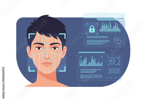 Facial recognition technology scan of a person's face, displaying data overlays and security features.