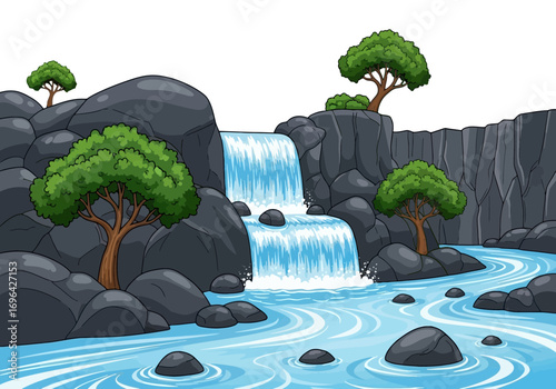 Vector art of a beautiful natural waterfall cascades down dark rocks into a flowing river with trees on the banks, creating a serene landscape scene