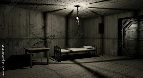Stark dimly lit prison cell with metal bed and wooden table.