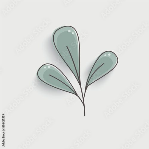 Cartoon twig on white background. Paper flower. Floral graphic design. Colorful flat style illustration.