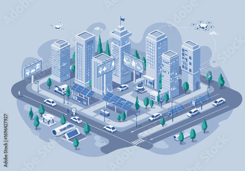 Isometric illustration of a modern city with skyscrapers, cars, and drones, showcasing urban technology.