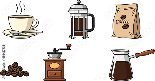 Collection of coffee brewing items and beans for a morning beverage