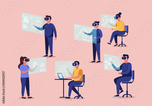 A group of people wearing VR headsets interact with virtual screens, some sitting, one using a laptop, on a light pink background.