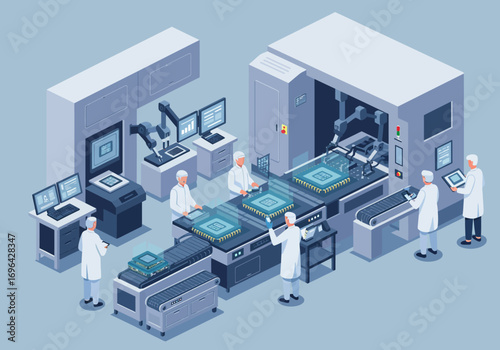 Isometric view of a modern chip manufacturing facility with robotic arms and workers in white lab coats.