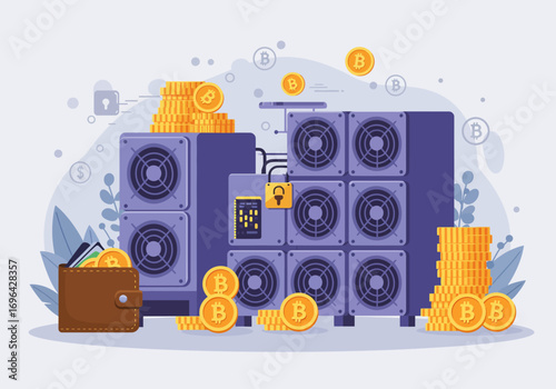 Bitcoin mining operation with stacks of cryptocurrency and a wallet.