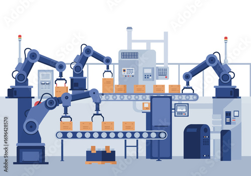 Automated factory line with robotic arms lifting and placing cardboard boxes on a conveyor belt system, illustrating industrial automation.