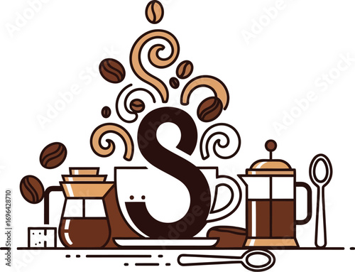 Artistic coffee illustration with brewing tools and beans creates a warm, inviting aroma
