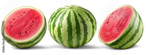 A trio of watermelons, one whole, two sliced to reveal vibrant pink flesh and seeds, against a clean white background