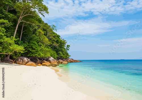 Vector art of tropical beach paradise with white sand, turquoise ocean water, lush green jungle foliage, and a clear blue sky with clouds