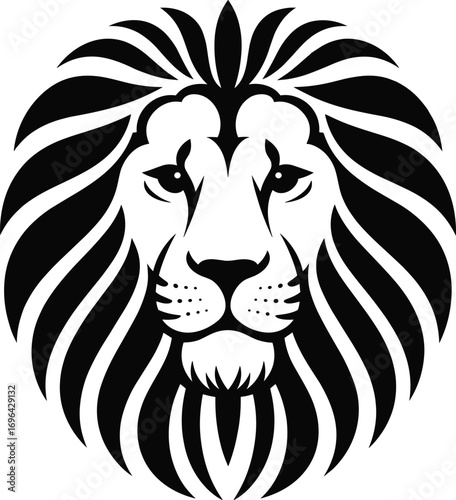 Lion face illustration, bold black and white design, symmetrical animal vector, majestic lion head, graphic tattoo style, powerful artwork