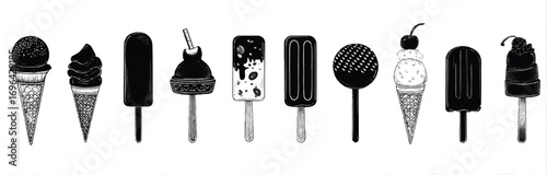 Variety of Ice Cream and Popsicle Designs in Black and White Hand Drawn Style