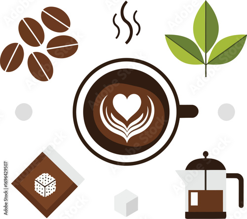 Aromatic coffee cup with latte art, beans, and brewing ingredients in a flat design