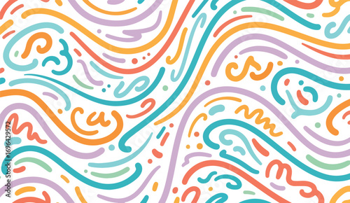 Colorful abstract curved doodle seamless pattern with vibrant wavy lines for modern background, kids fabric, and decoration