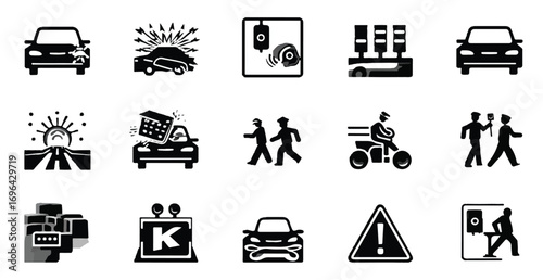 Vector Illustration of Transport and Traffic Icons in Black and White Representing Traffic Conditions and Safety Guidelines