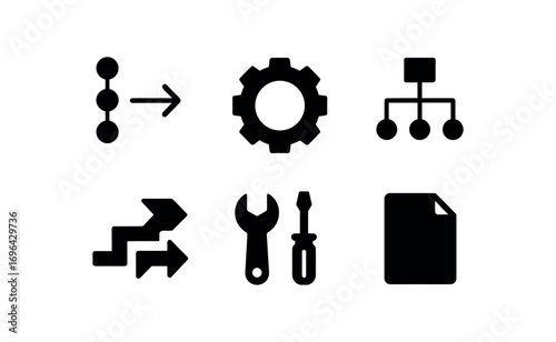 flat black solid icon items isolated on white background: method gear cog flow chart step arrows tool icon page sheet